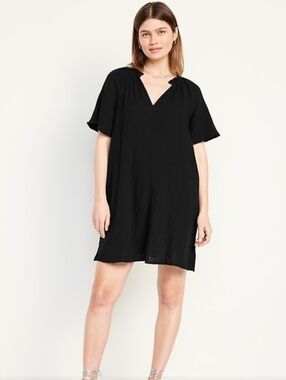 Old Navy Black Crinkle Gauze Swing 100% Cotton Dress XL Babydoll Flutter Sleeve